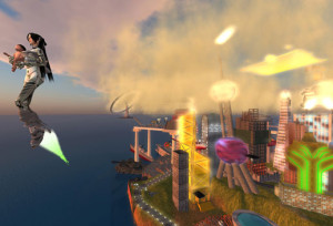 A digitally rendered image of a fantastical landscape, showing the edge of a city overlooking the sea, with a woman cradling a baby flying overhead