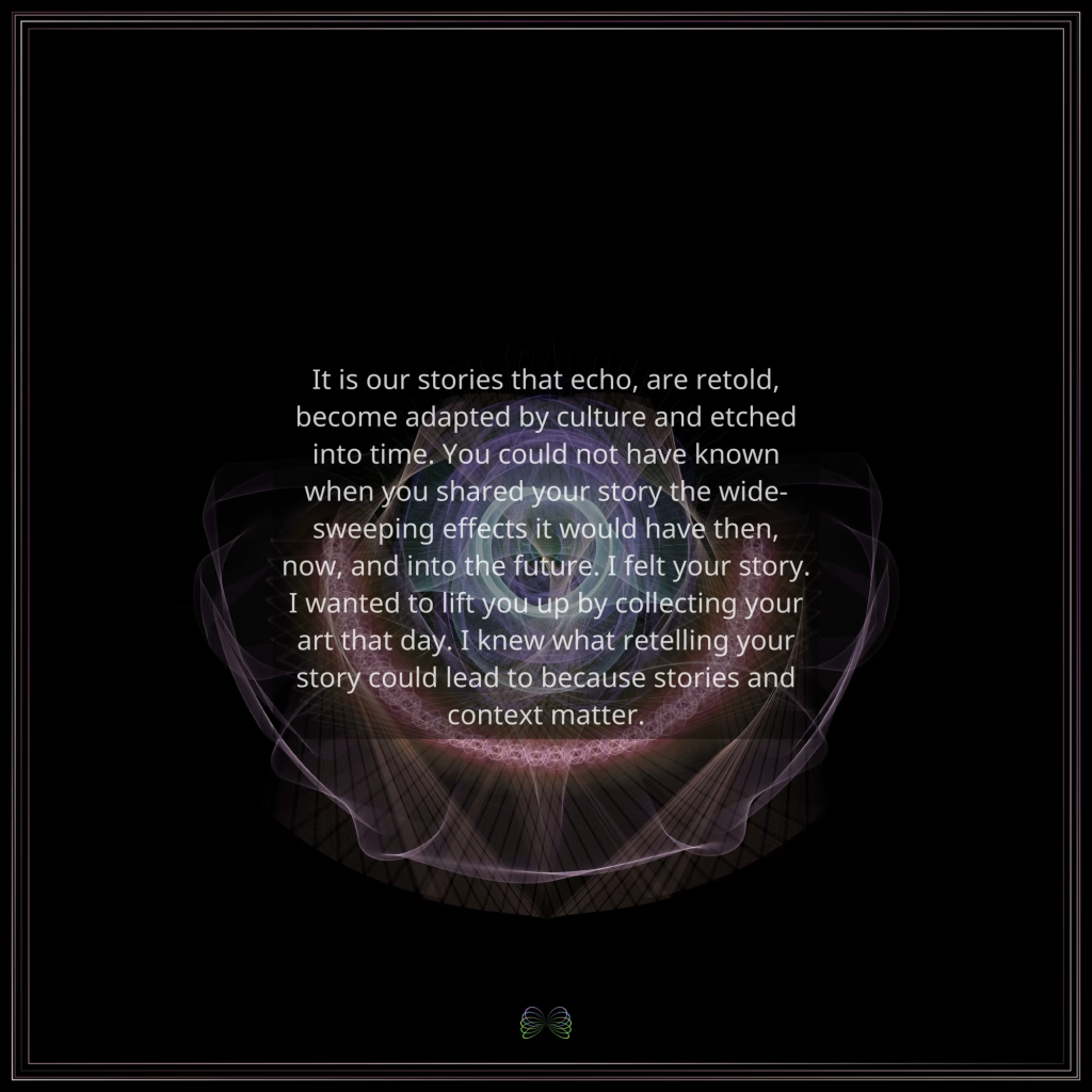 A faint digital image of a translucent pink orb against a black background. An overlaid text meditates on the personal and cultural meaning of stories.