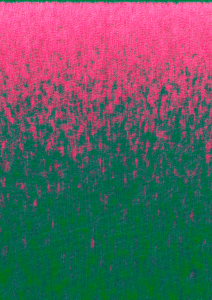 A digital composition of fine lines organized in two overlapping fields, pink on top and green on the bottom, evoking a meadow of flowers in bloom
