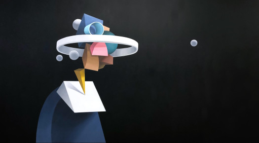 An abstract portrait of the collector Alan Lau, created from digital renderings of geometric shapes