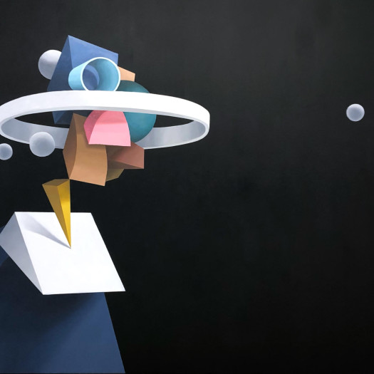 An abstract portrait of the collector Alan Lau, created from digital renderings of geometric shapes