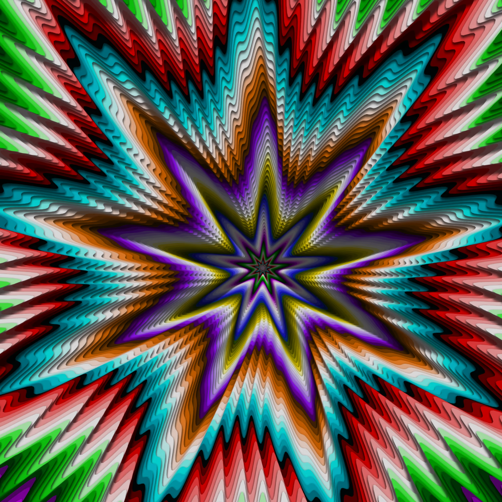 An abstract digital image of concentric starburst patterns in gradient shades of turquoise, purple, red, and green