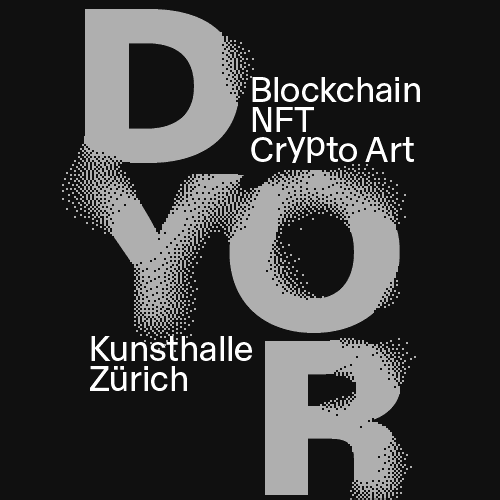An animated black-and-white image with the title of the exhibition about NFTs, blockchain, and crypto art