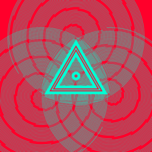 A digital image of a neon green triangle framed with concentric circles in red and green.