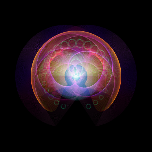 An abstract digital image comprising a red orb with purple, pink, and pale blue circles within it