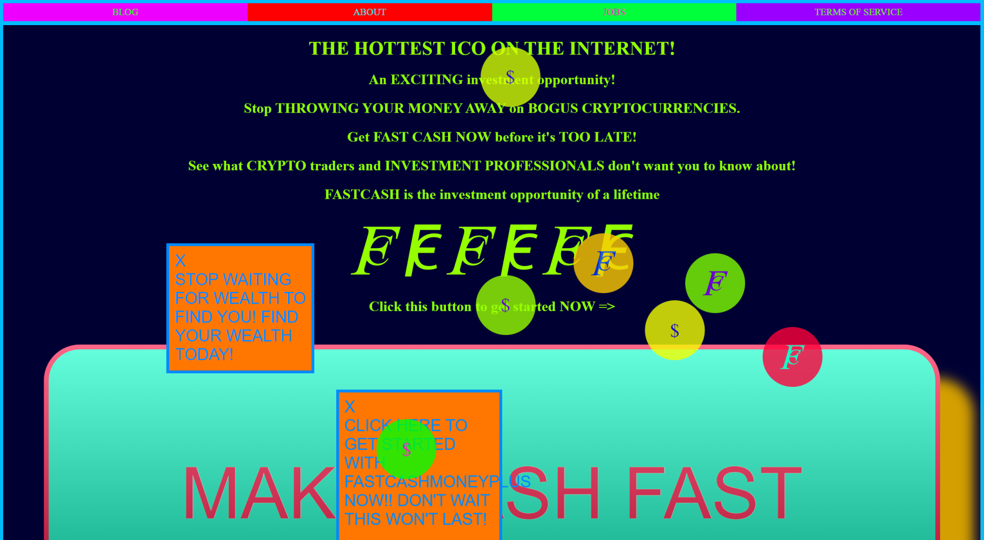 A screenshot of a website with neon text and windows advertising a get-rich-quick scheme