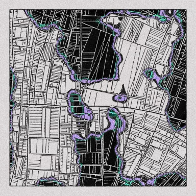 An image of what looks like a map, with streetlike grids and bodies of water seen from a bird's eye view