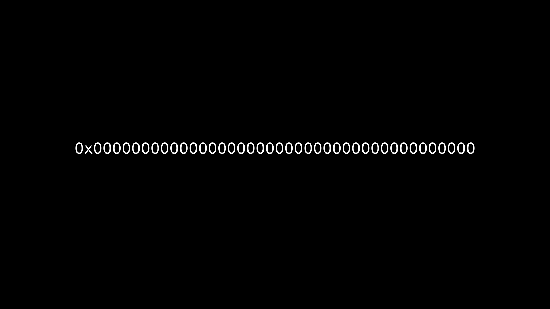 The Ethereum null address, which consists of a string of zeroes with one X in the second position, written in white on a black background
