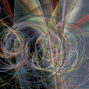 A digital abstract image of overlapping curves and lines in blue, green, black, white, red, and yellow