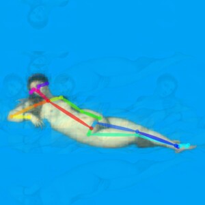 An odalisque-like naked woman lies outstretched against a blue pixelated background, her body mapped with lines in red, green, yellow, blue etc.