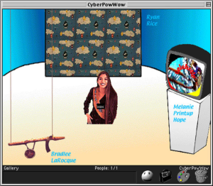 An image of a graphic chat room, with an avatar in the center surrounded by artworks