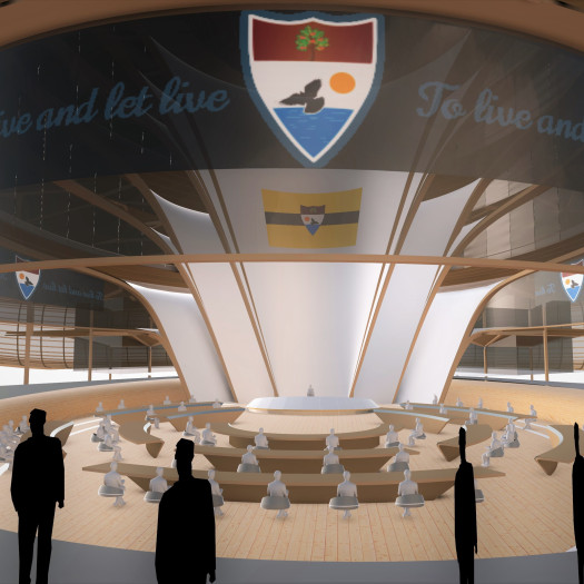 A digital rendering of a circular hall with a central column adorned by the Liberland flag