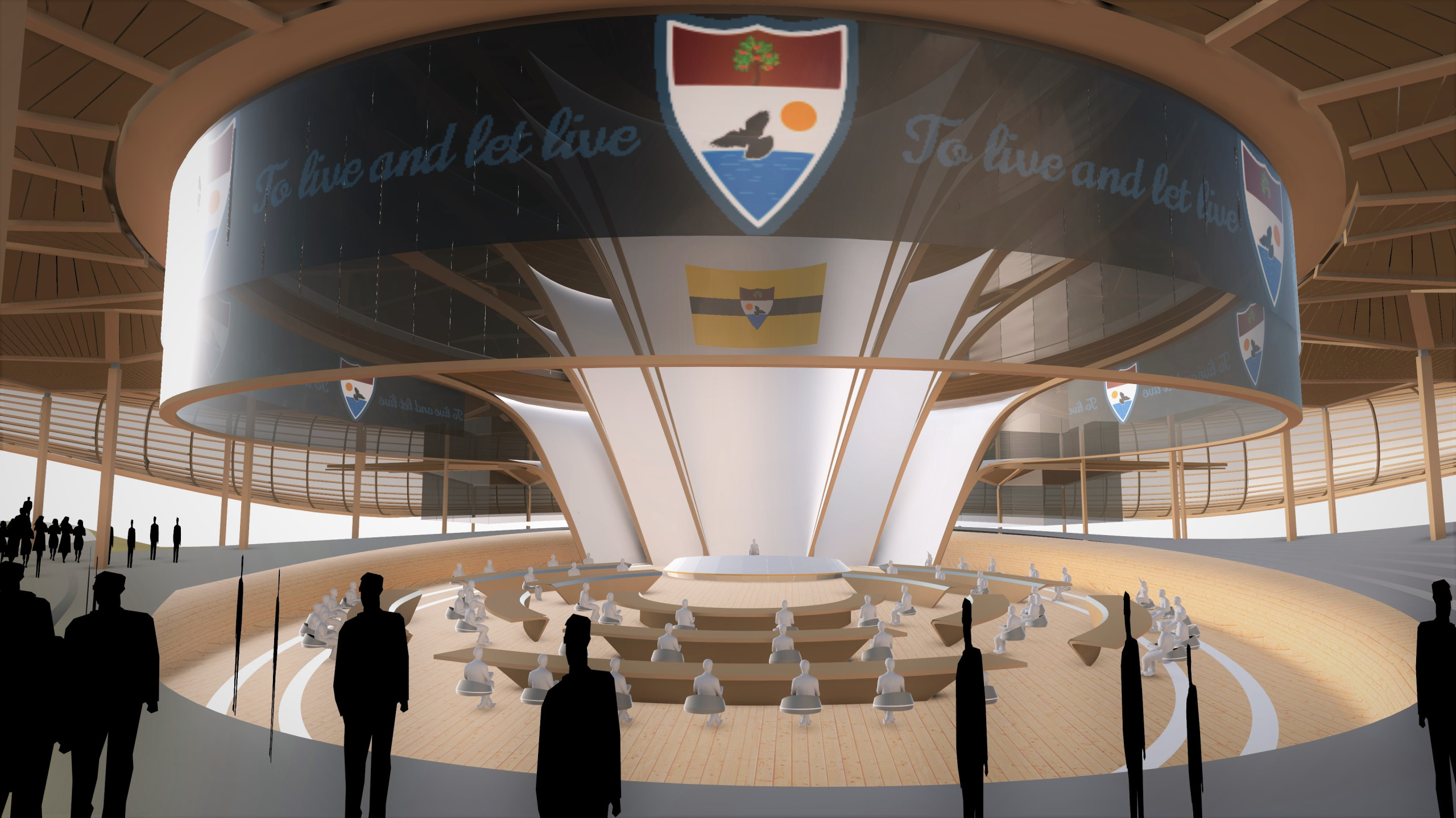 A digital rendering of a circular hall with a central column adorned by the Liberland flag
