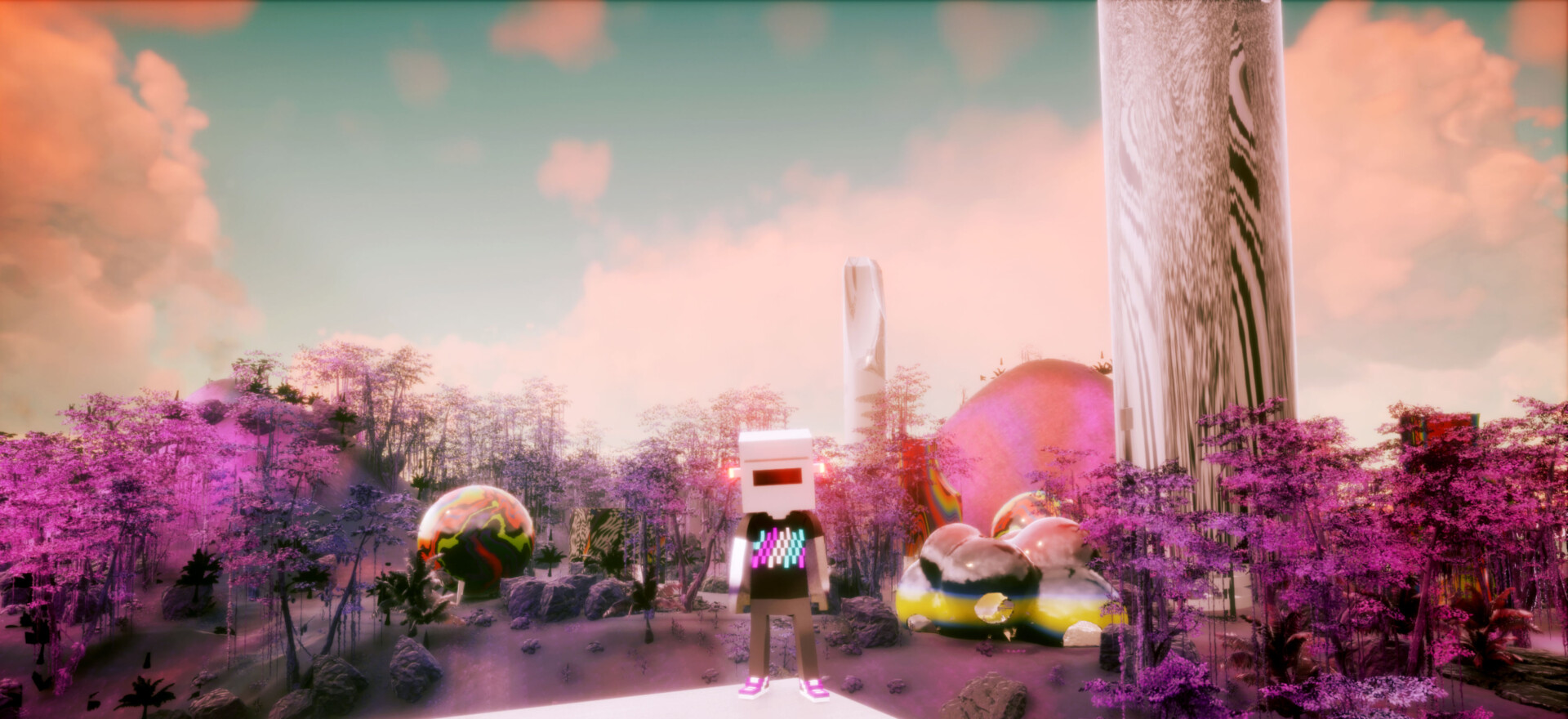 A view of a virtual world, showing a cube-headed figure looking up at a pale rising column amid purple shrubbery