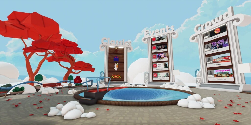 A view of a virtual world, with three stand-alone columns serving as portals to social areas. They stand around a blue pool opposite red trees