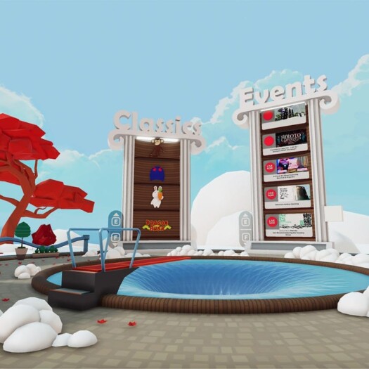 A view of a virtual world, with three stand-alone columns serving as portals to social areas. They stand around a blue pool opposite red trees
