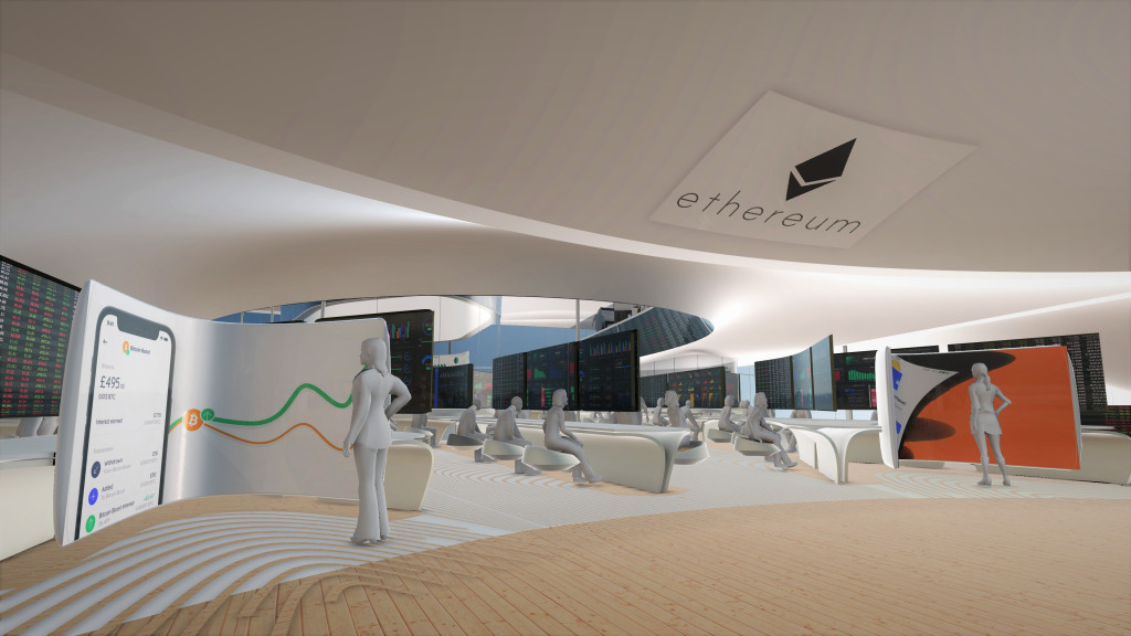 A virtual rendering of a large open plan room with the Ethereum logo emblazoned on the ceiling