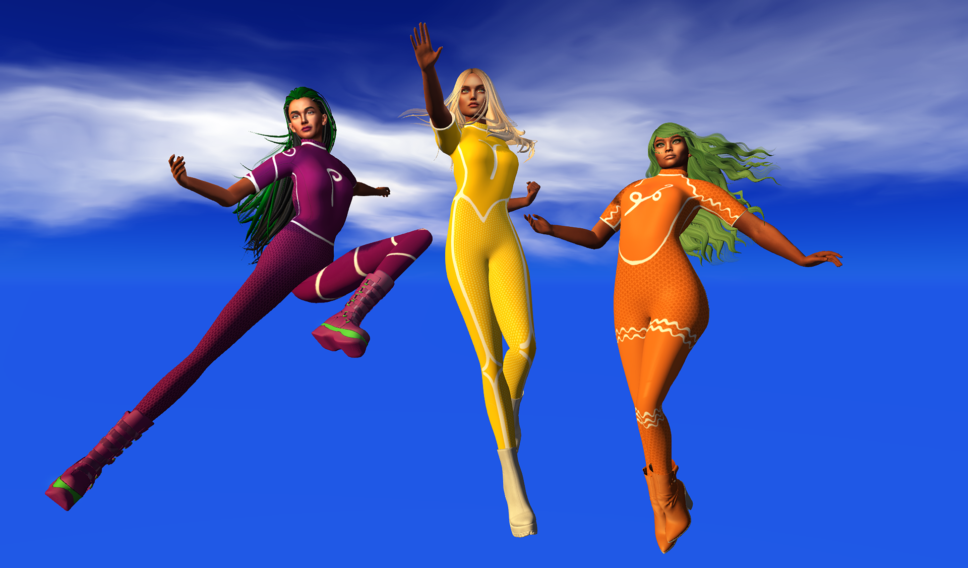 A digital image of three superheroines flying in a blue sky
