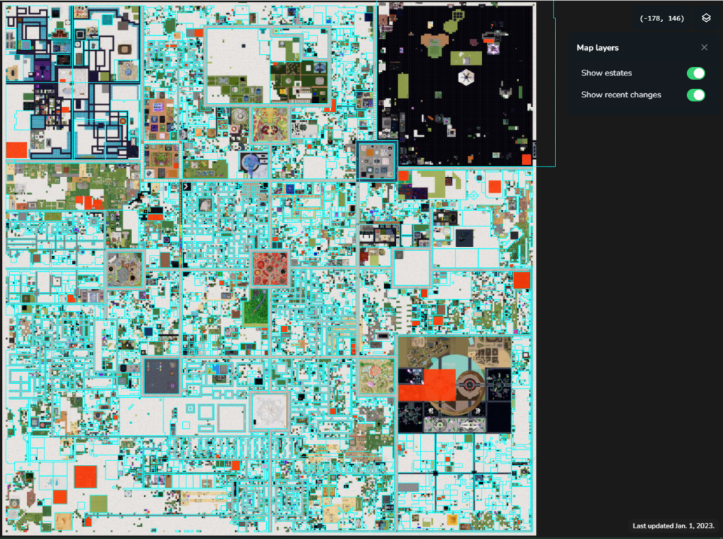 A bird's eye view of a virtual plaza, with squares of various sizes representing buildings on plots of digital land