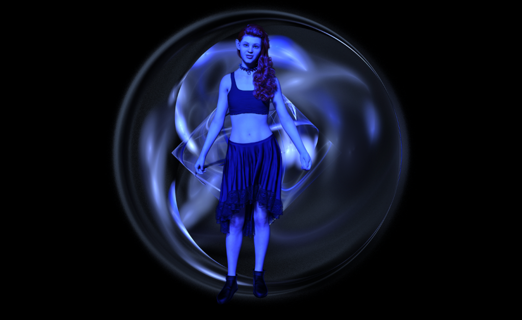 A digital image of a blue-tinted woman with pointy ears, standing before a cloudy blue orb in a black void