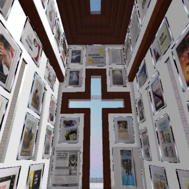 A screenshot of a virtual world, showing the interior of a church with a cross-shaped window opening onto the blue sky. The walls are hung with photographs of religious pamphlets