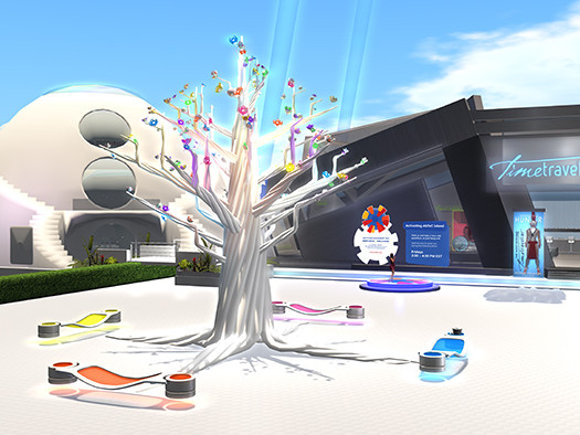 A view of a virtual community space, with a white glowing tree in a plaza surrounded by gracefully curving buildings under a blue sky
