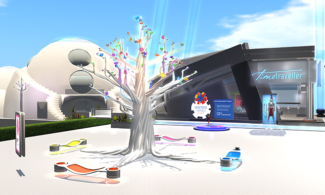 A view of a virtual community space, with a white glowing tree in a plaza surroudning by gracefully curving buildings under a blue sky