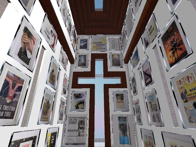 A screenshot of a virtual world, showing the interior of a church with a cross-shaped window opening onto the blue sky. The walls are hung with photographs of religious pamphlets