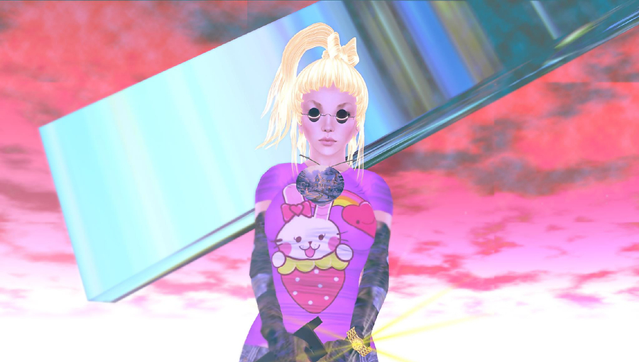 A digital image of a pink-skinned figure wearing dark glasses and a fun cartoon shirt, standing below pink clouds