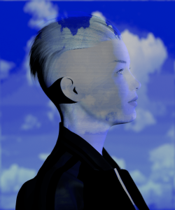 A portrait in profile of a figure with a shock of pale hair and smooth skin, the head superimposed on a blue cloudy sky