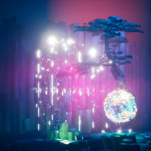 A digitally rendered image of a mystical landscape with a large tree and a glitter ball, bathed in a pinkish light