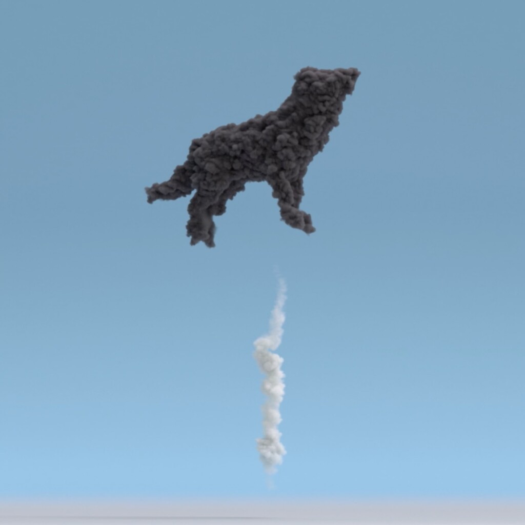 A digitally rendered image of a black firework in the shape of a dog, against a blue sky