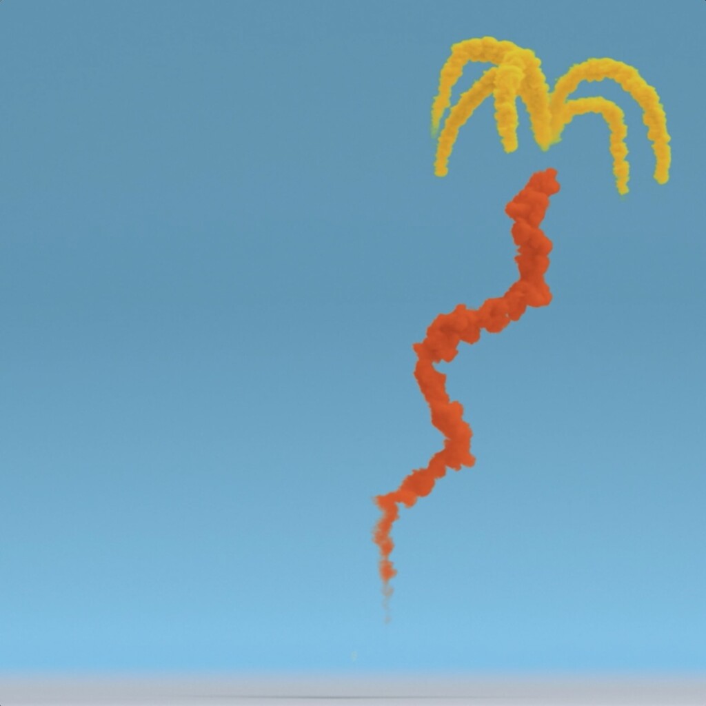 A digitally rendered image of a firework with an orange tail and a yellow burst at the top