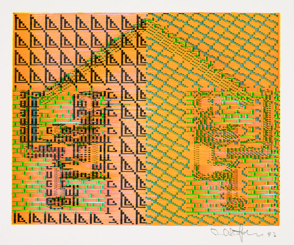 A photograph of a computer plotter drawing showing two blocky figures with their backs to each other on desktop computers