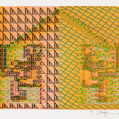 A photograph of a computer plotter drawing showing two blocky figures with their backs to each other on desktop computers