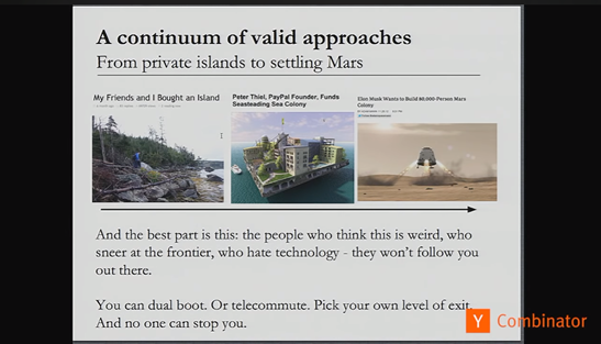 A Powerpoint slide about leaving society to settle private islands or Mars