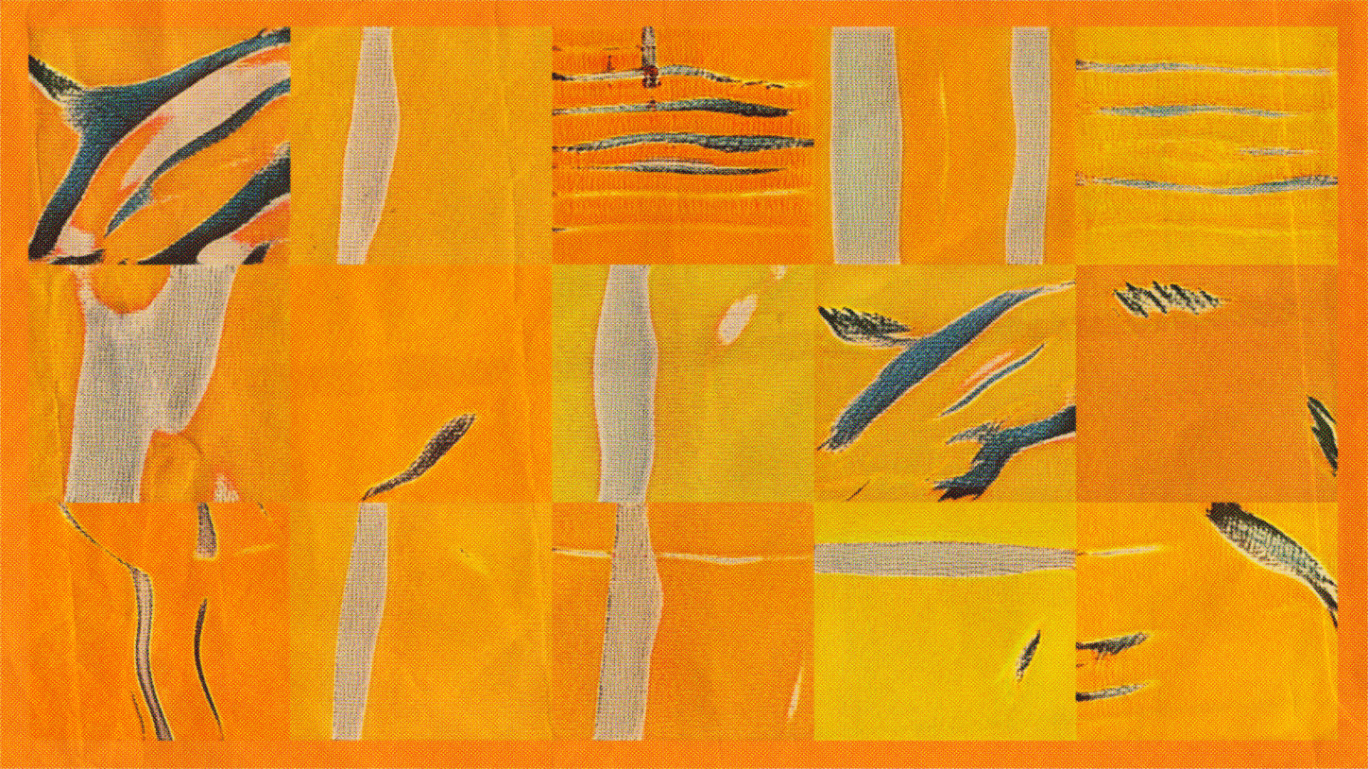 A four-by-three grid of orange and yellow, with sections of plant-like forms in shades of gray