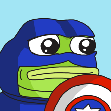 A digital portrait of a sad frog wearing a blue masks that leaves his eyes and mouth exposed. He's holding a shield like Captain America's but only the top third of it is visible