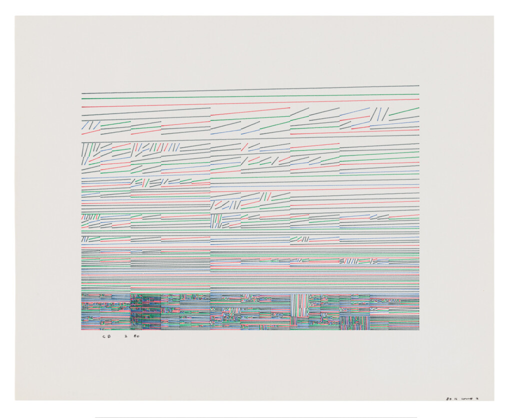 A print of think lines in purple, green, and pink, mostly horiztonal but some angling upward, increasing in density toward the bottom of the page