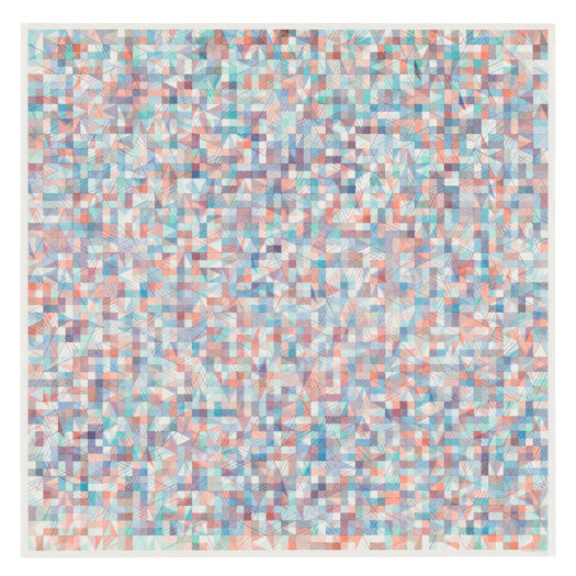 A grid of pale pink and blue squares in a seemingly random arrangement