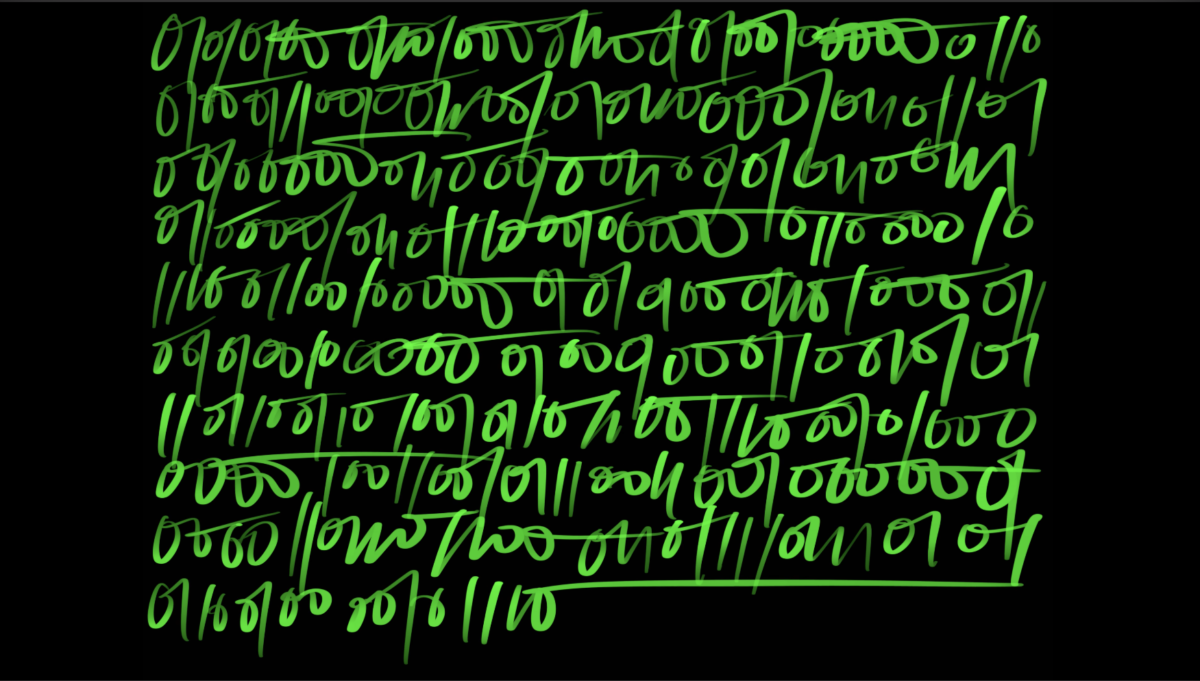 Lines of 0s and 1s scrawled in green on a black background