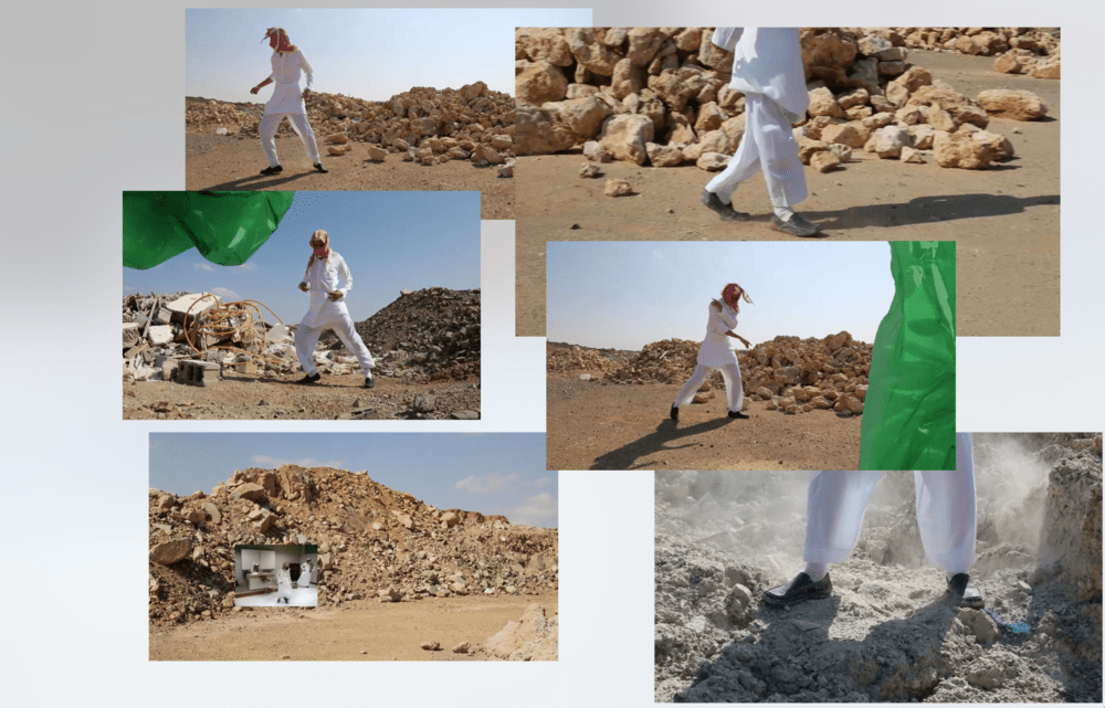 A collage of images showing a man in a red and white keffiyeh dancing amid a pile of rocks in the desert