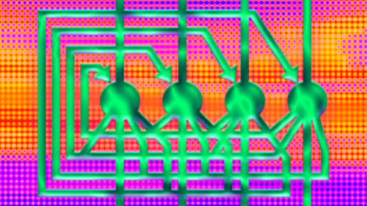 An abstract digital image with a repeating pattern of circles and arrows in green, over gridded circles in pink, orange, and purple