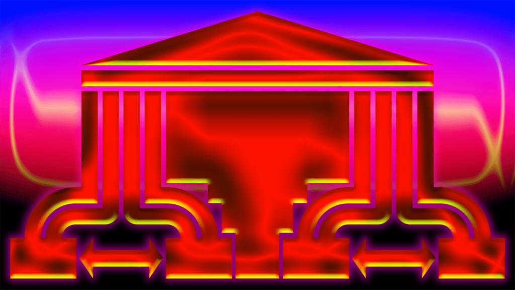 An abstract digital image, recalling both the pediment of a classical building and a flow chart diagram