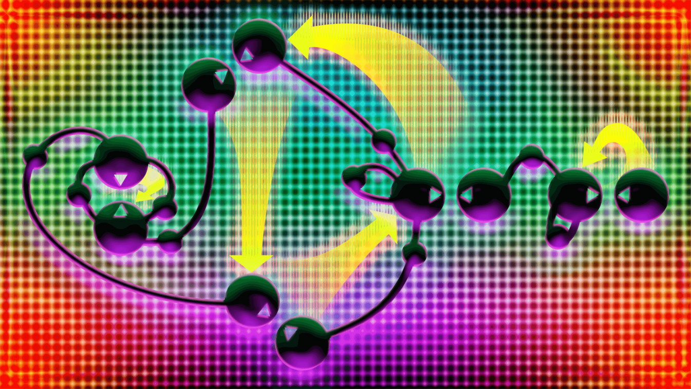 Abstract image with interconnected purple spheres hovering over a multicolored moire pattern