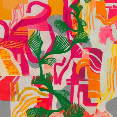 A quilt-like collage of green fronds over shapes in pink, orange, and yellow