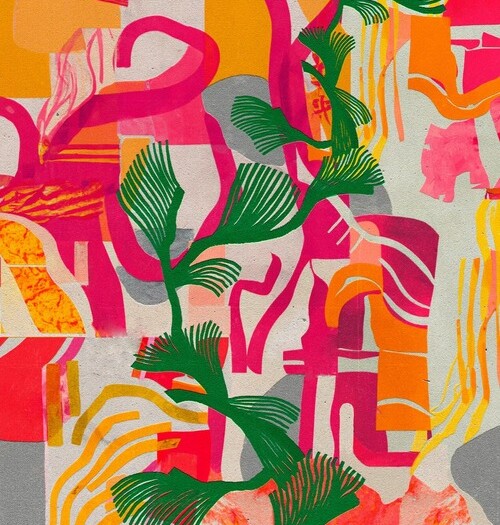 A quilt-like collage of green fronds over shapes in pink, orange, and yellow