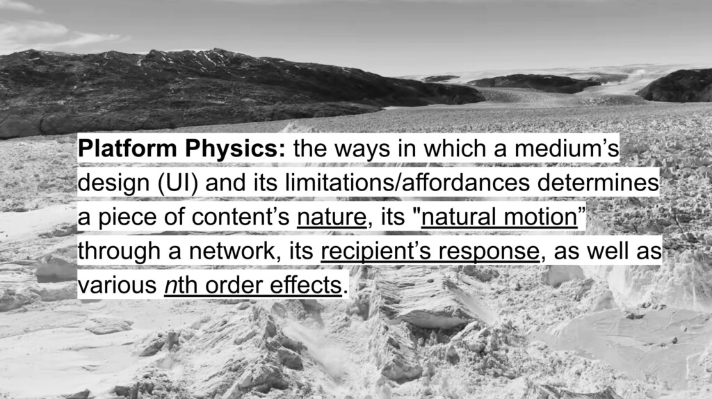 A black and white image of a rocky desert landscape with superimposed text defining the concept of "platform physics"