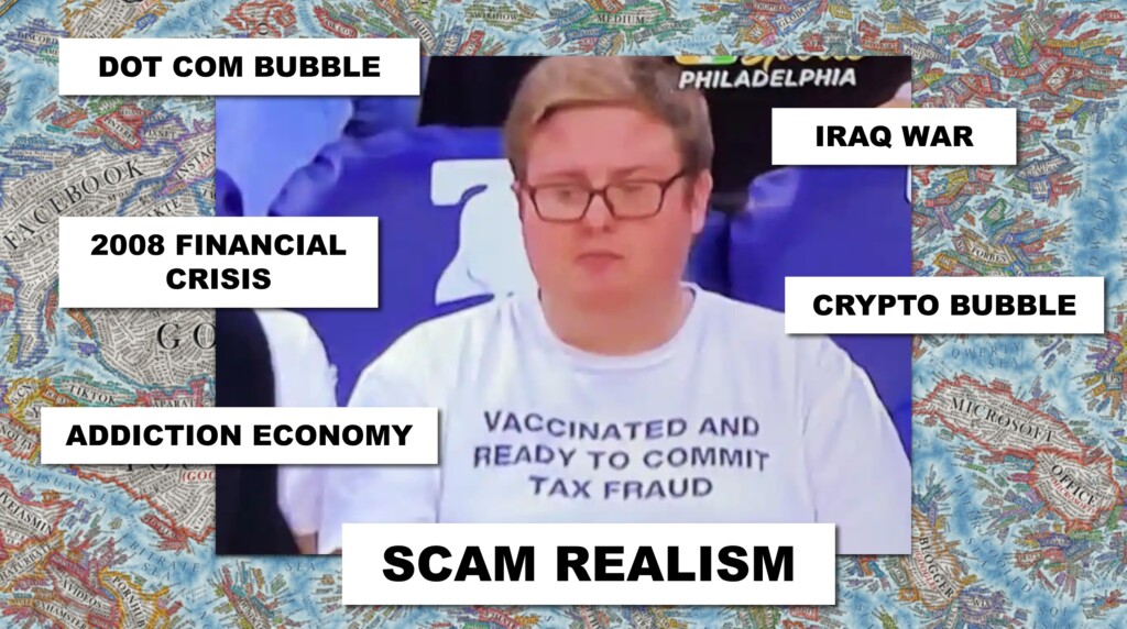 A picture of a sad-looking man in glasses wearing a shirt that says "Vaccinated and ready to commit tax fraud" superimposed over what looks like a medieval map, ringed by text blocks naming things like the Iraq War and 2008 Financial Crisis