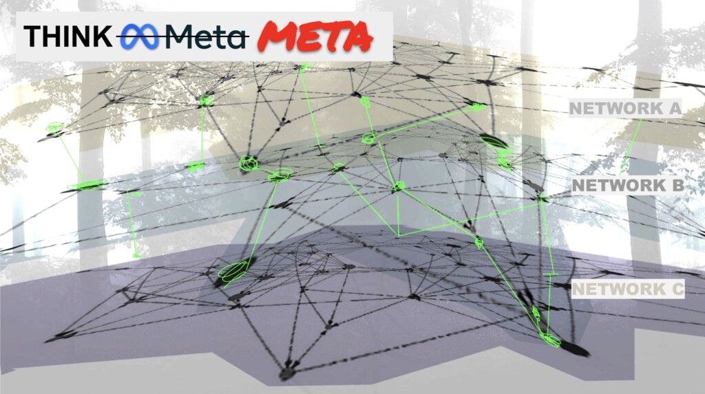 A diagram of three overlaid networks and the connections among them traced in green and black lines